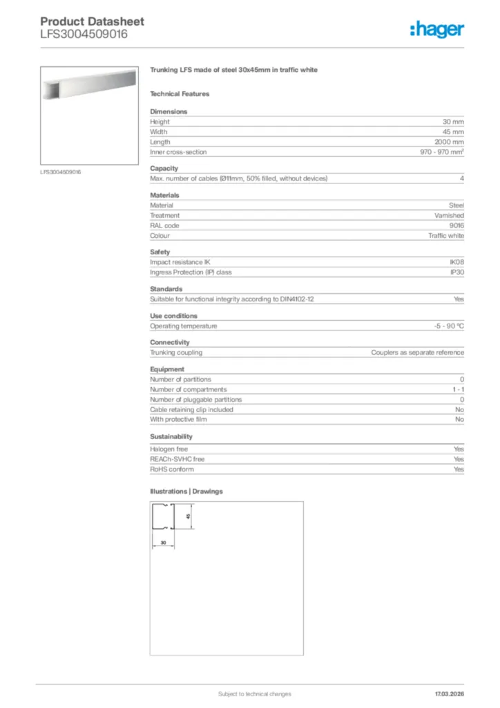Image Hager Product data sheet LFS3004509016  | Hager Africa