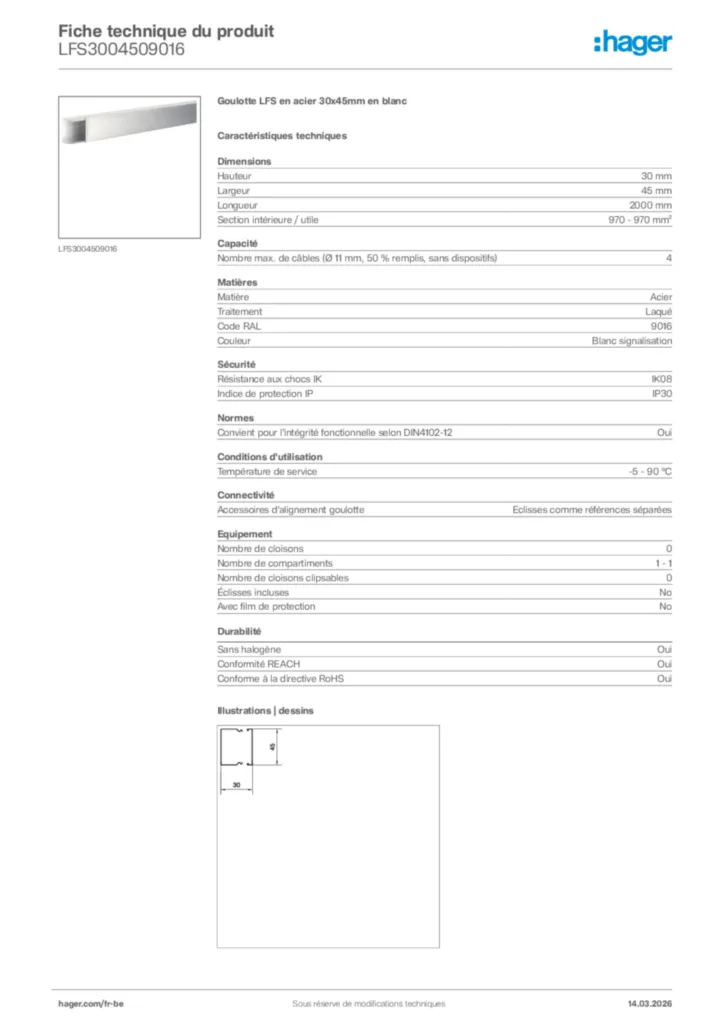 Image Hager Fiche technique du produit LFS3004509016 | Hager Belgique