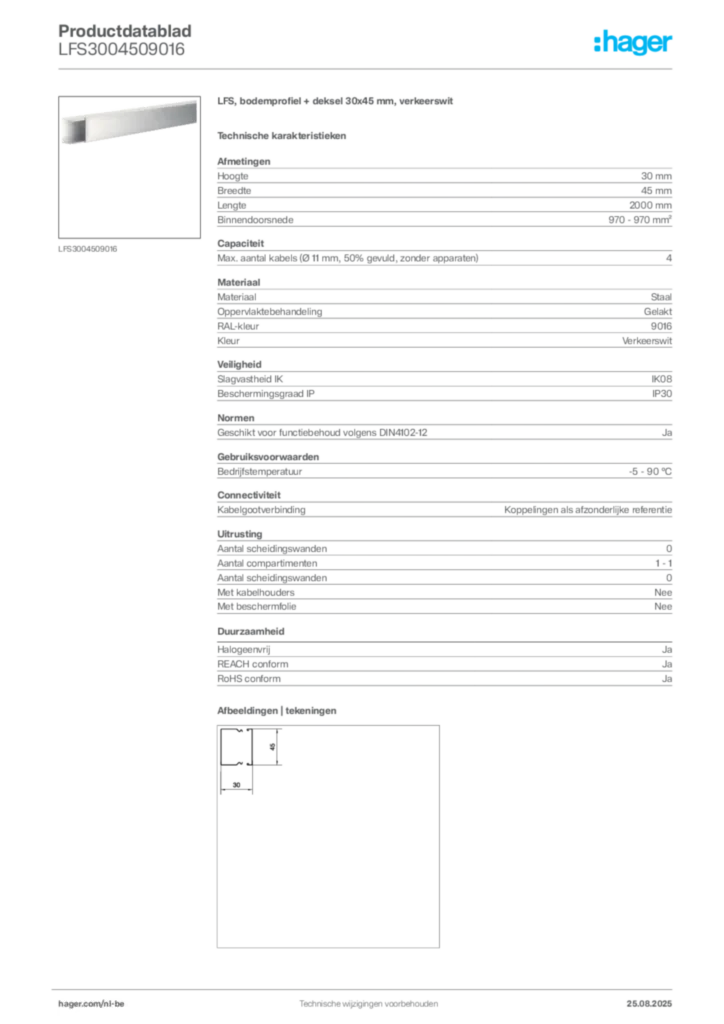 Afbeelding Hager Productdatablad LFS3004509016 | Hager Belgium