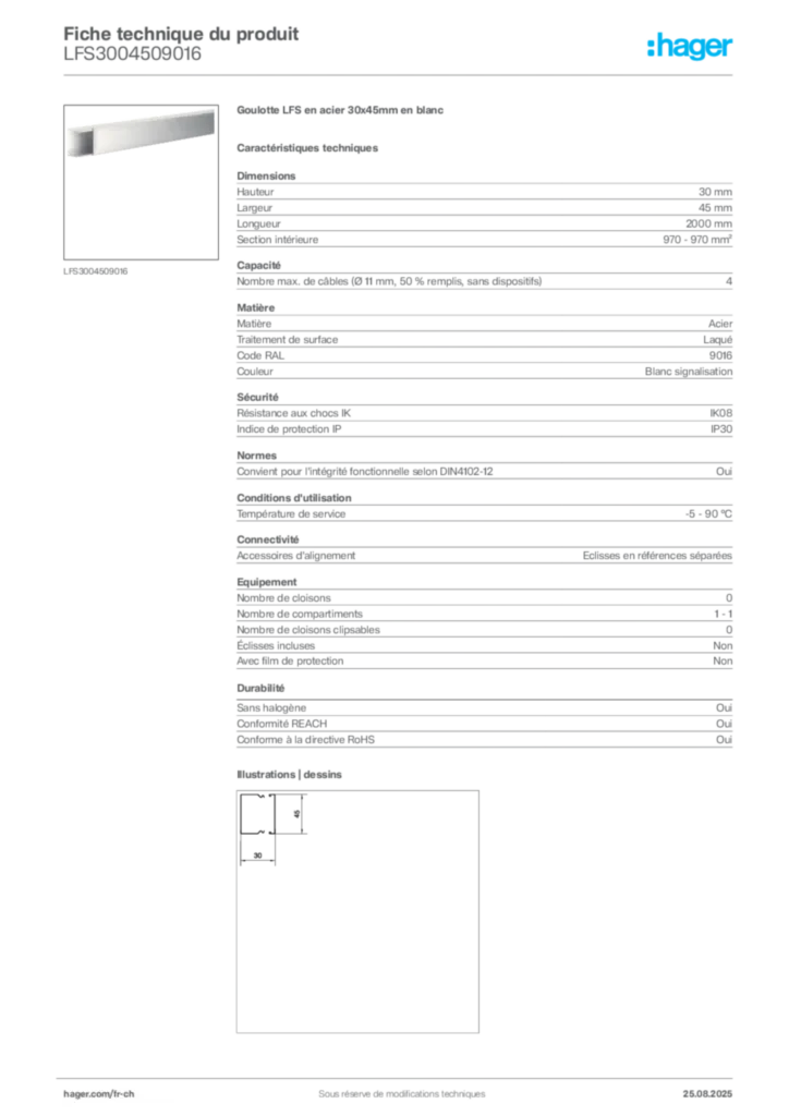 Image Hager Fiche technique du produit LFS3004509016 | Hager Suisse