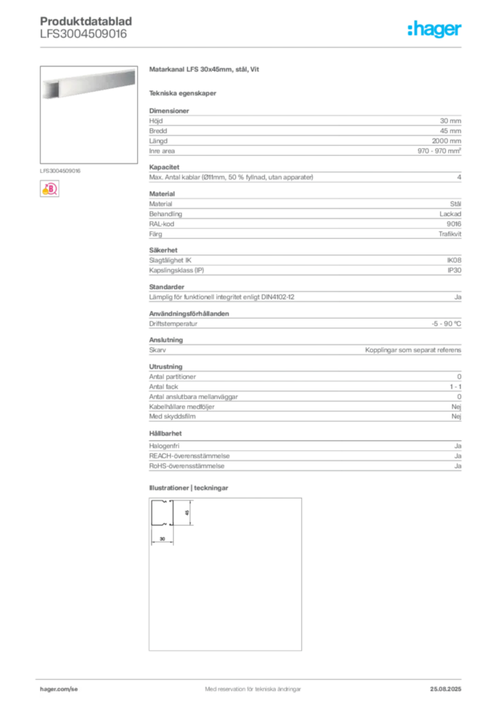 Bild Hager Produktdatablad LFS3004509016 | Hager Sverige