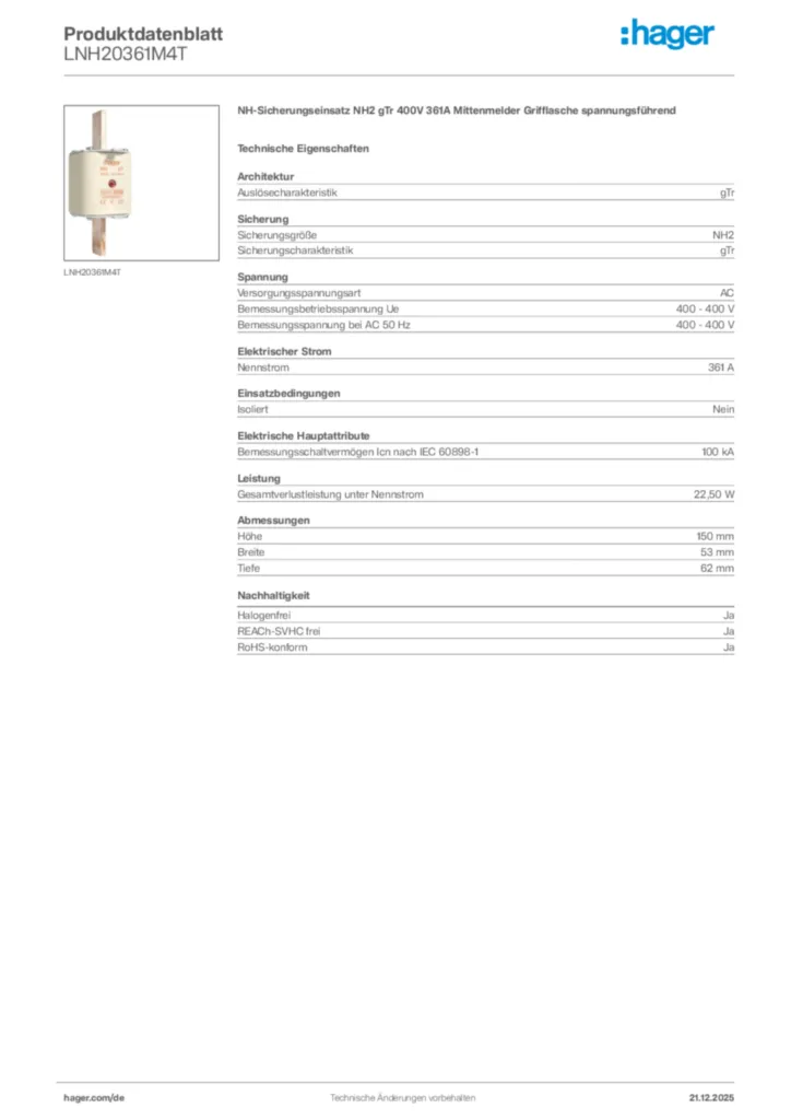 Bild Hager Produktdatenblatt LNH20361M4T | Hager Deutschland