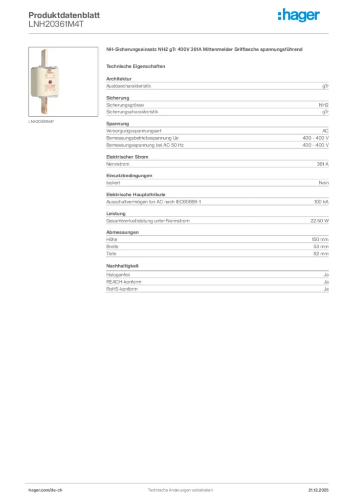 Bild Hager Produktdatenblatt LNH20361M4T | Hager Schweiz