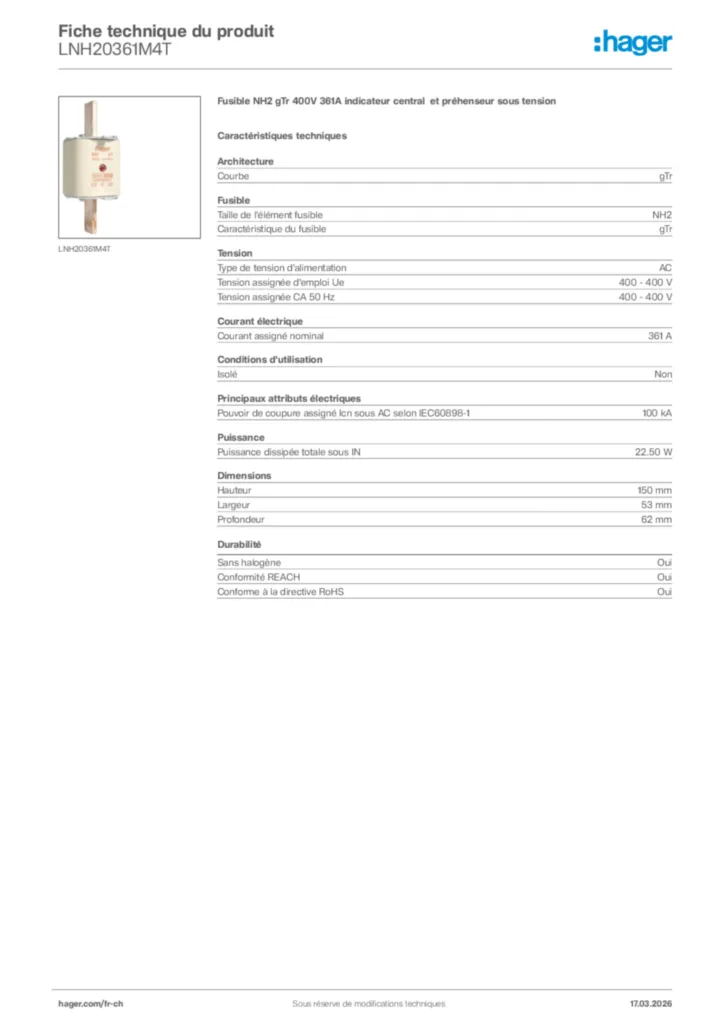 Image Hager Fiche technique du produit LNH20361M4T | Hager Suisse