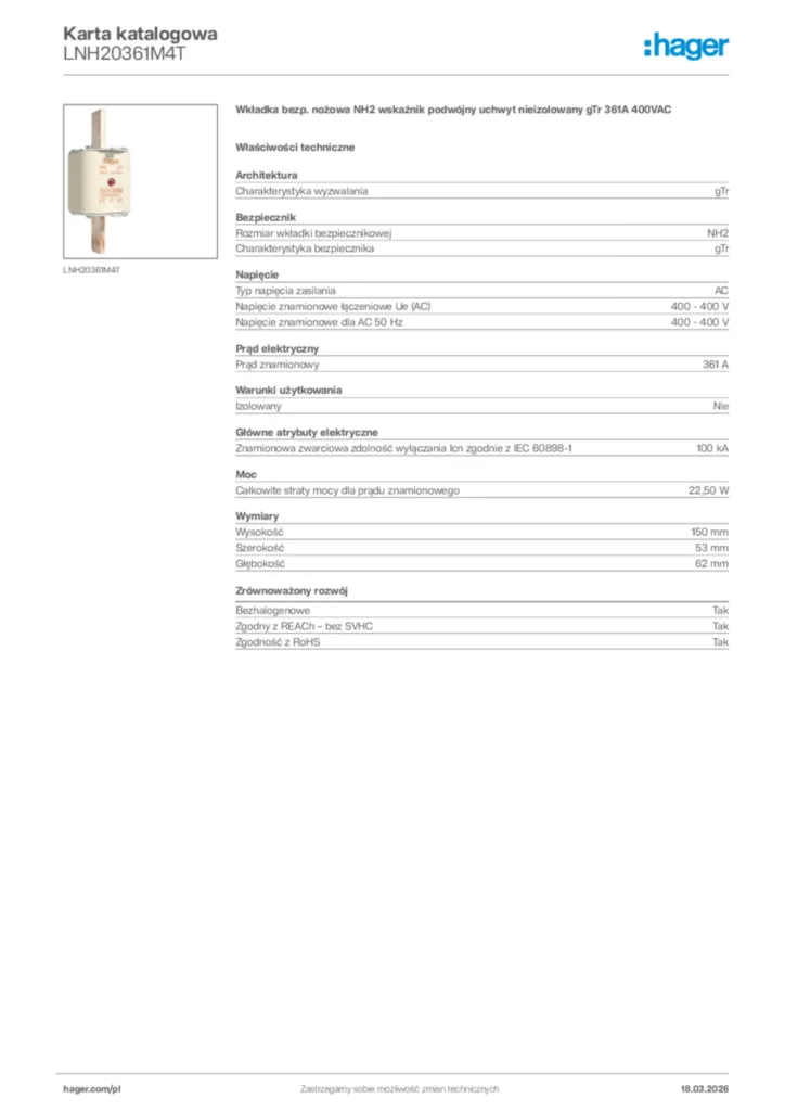 Zdjęcie Hager Karta katalogowa LNH20361M4T | Hager Polska