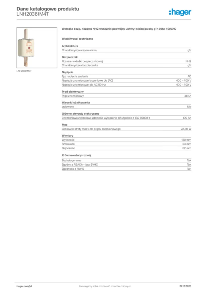 Zdjęcie Hager Dane katalogowe produktu LNH20361M4T | Hager Polska