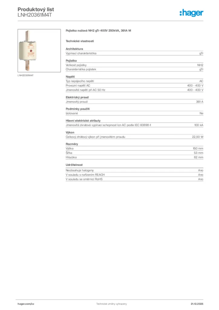 Obrázek Hager Produktový list LNH20361M4T | Hager