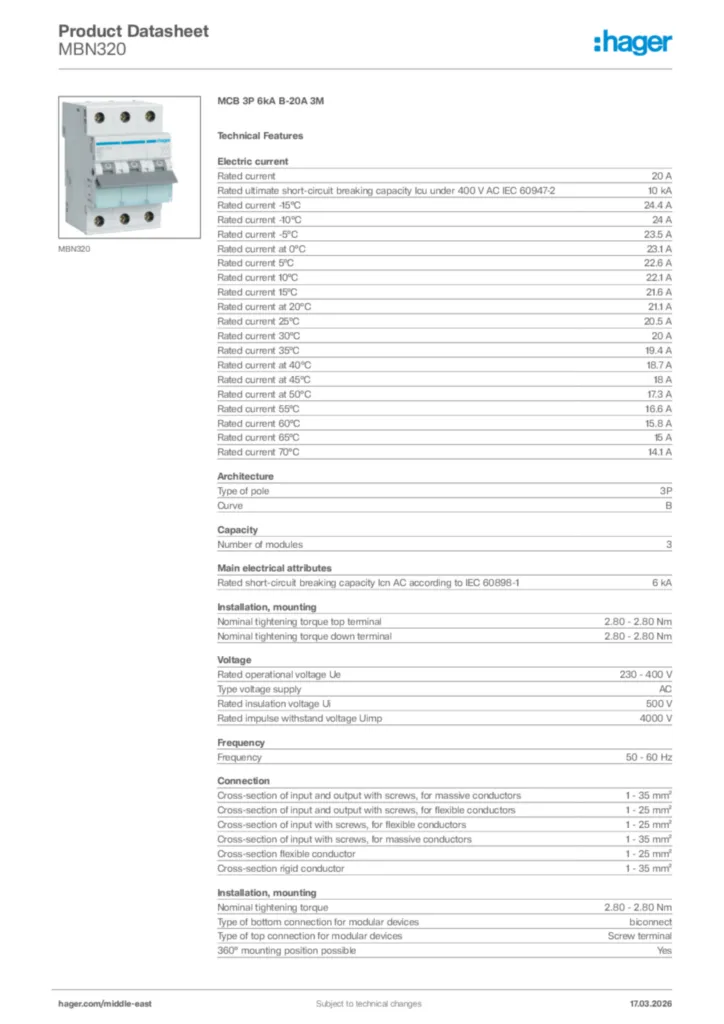 Image Hager Product data sheet MBN320  | Hager