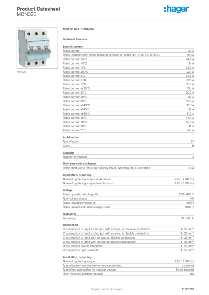 Image Hager Product data sheet MBN320  | Hager