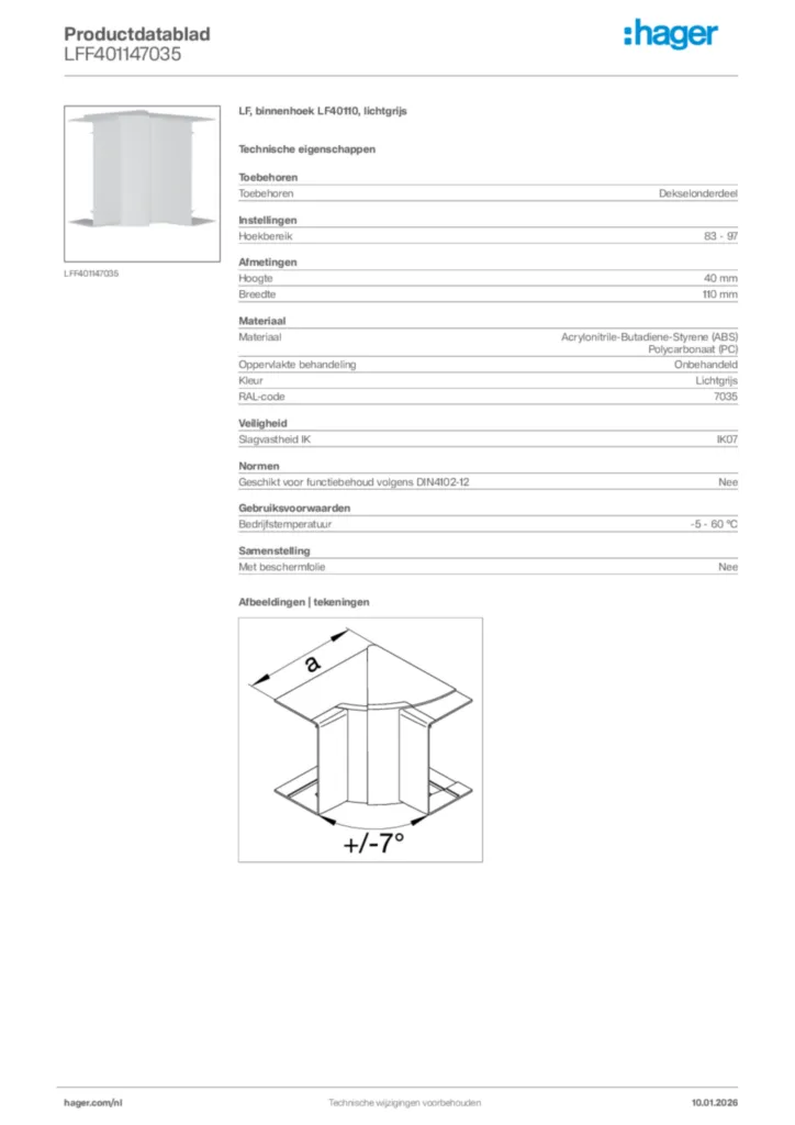 Afbeelding Hager Productdatablad LFF401147035 | Hager Nederland