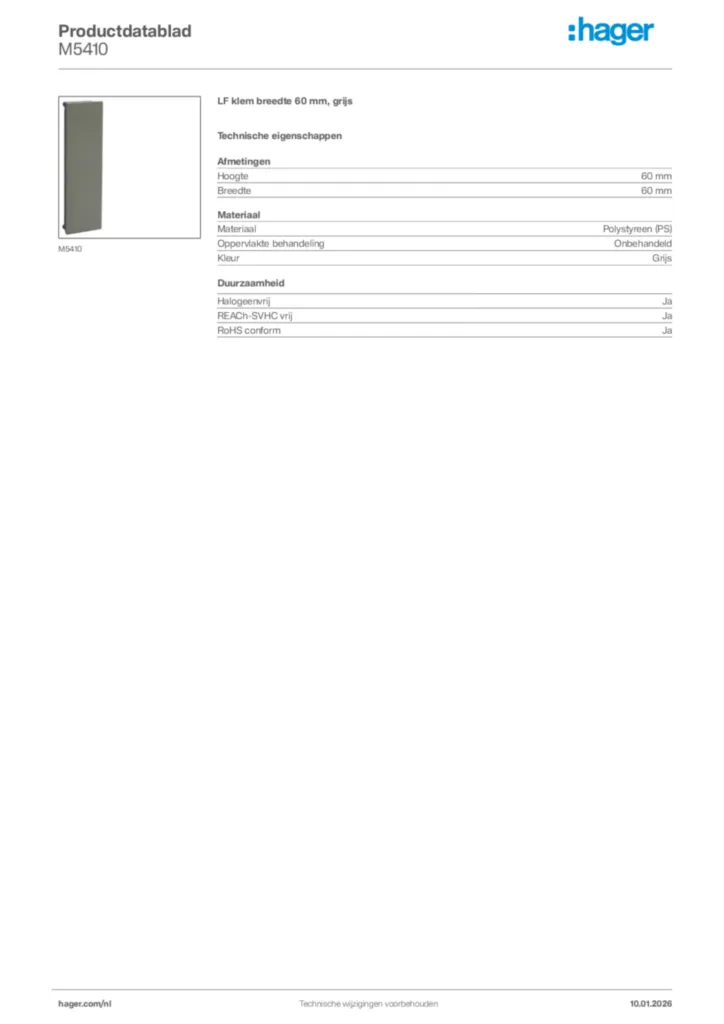 Afbeelding Hager Productdatablad M5410 | Hager Nederland