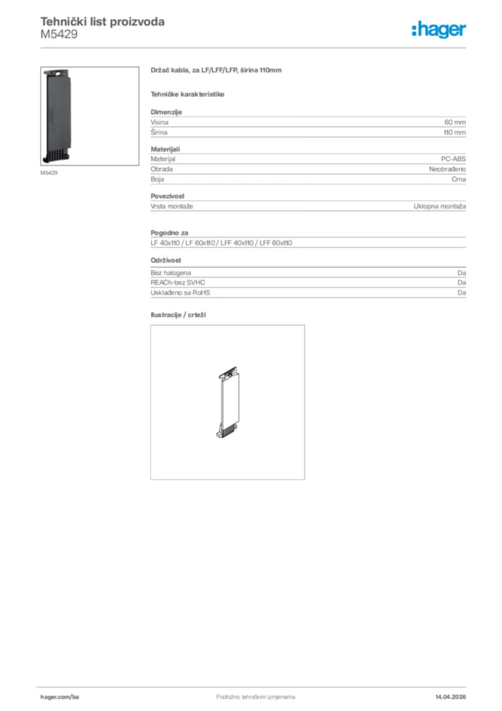 Slika Hager Tehnički list proizvoda M5429  | Hager