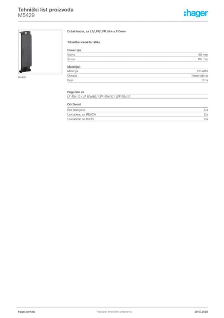 Slika Hager Product data sheet M5429  | Hager