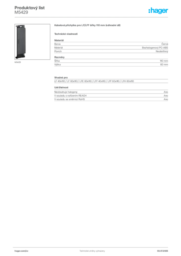 Obrázek Hager Produktový list M5429 | Hager