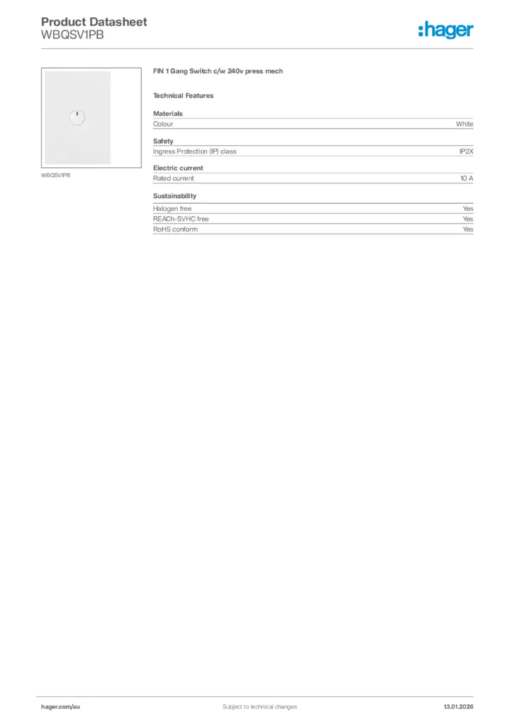 Image Hager Product data sheet WBQSV1PB  | Hager Australia