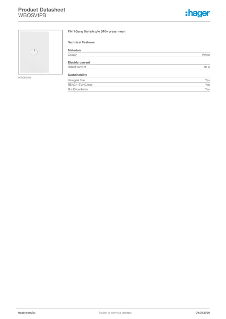 Image Hager Product data sheet WBQSV1PB  | Hager Australia