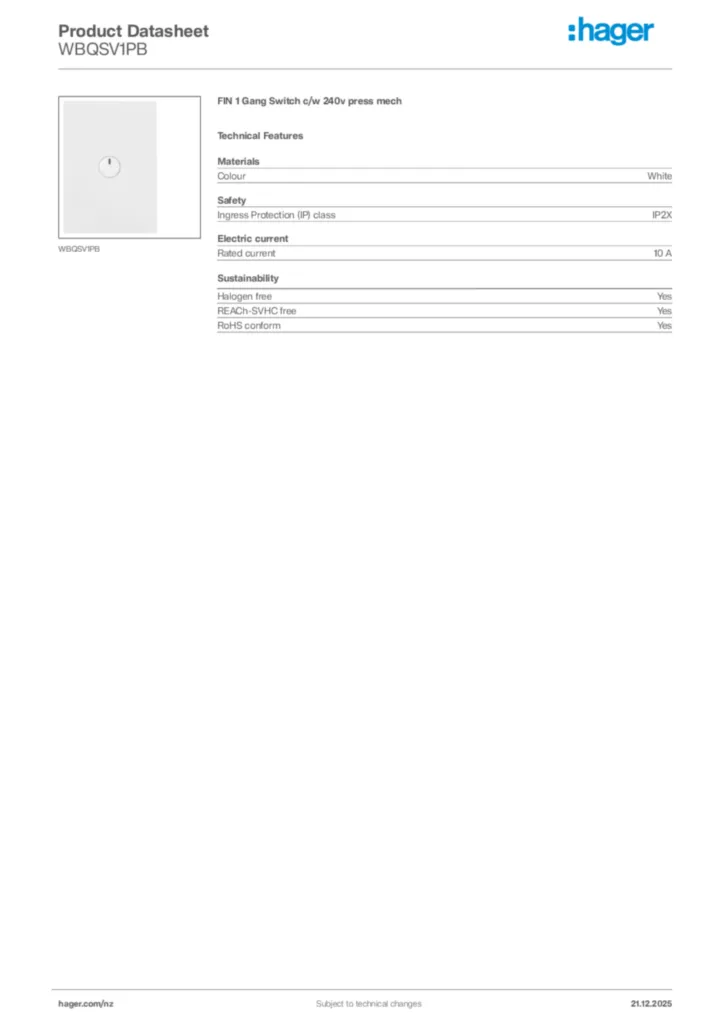 Image Hager Product data sheet WBQSV1PB  | Hager New Zealand