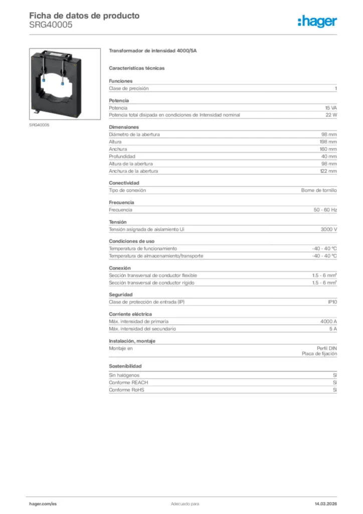 Imagen Hager Ficha de datos de producto SRG40005 | Hager España