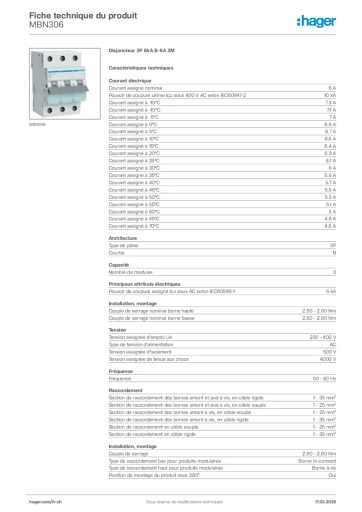 Image Hager Fiche technique du produit MBN306 | Hager Suisse