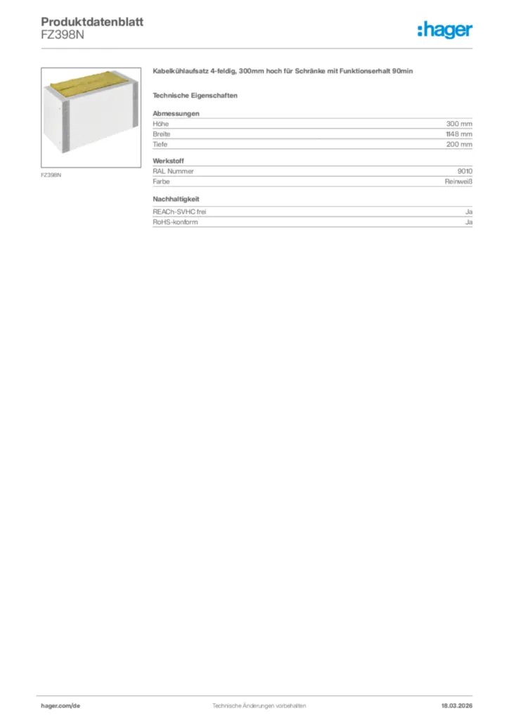 Bild Hager Produktdatenblatt FZ398N | Hager Deutschland