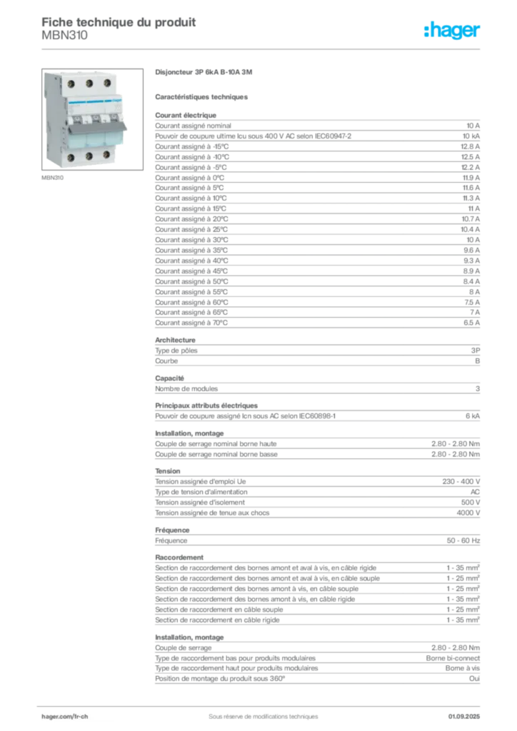 Image Hager Fiche technique du produit MBN310 | Hager Suisse