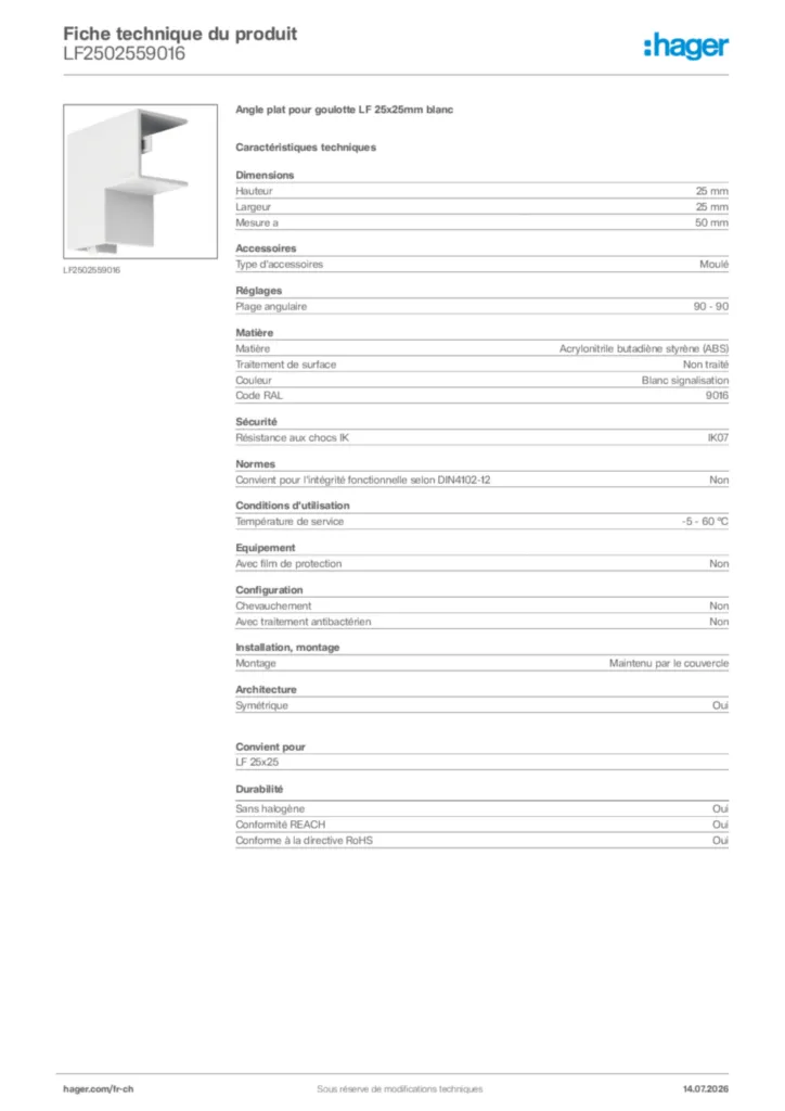 Image Hager Fiche technique du produit LF2502559016 | Hager Suisse