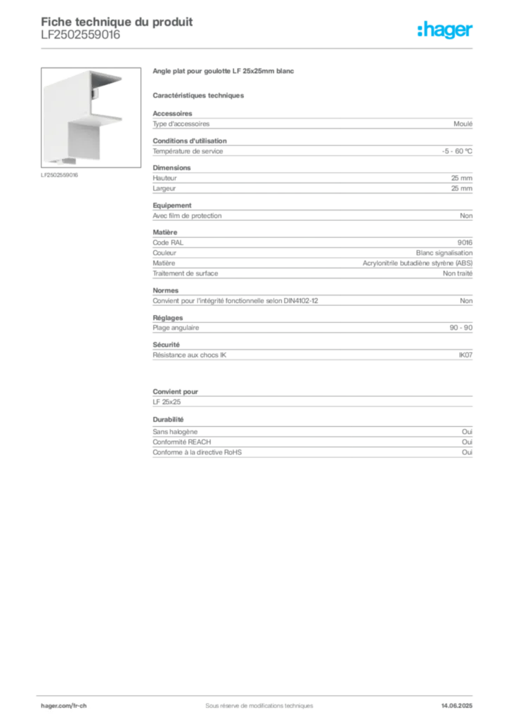 Image Hager Fiche technique du produit LF2502559016 | Hager Suisse