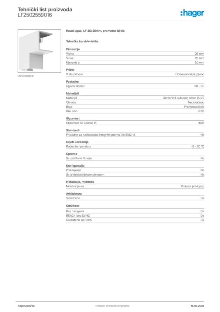 Slika Hager Tehnički list proizvoda LF2502559016  | Hager