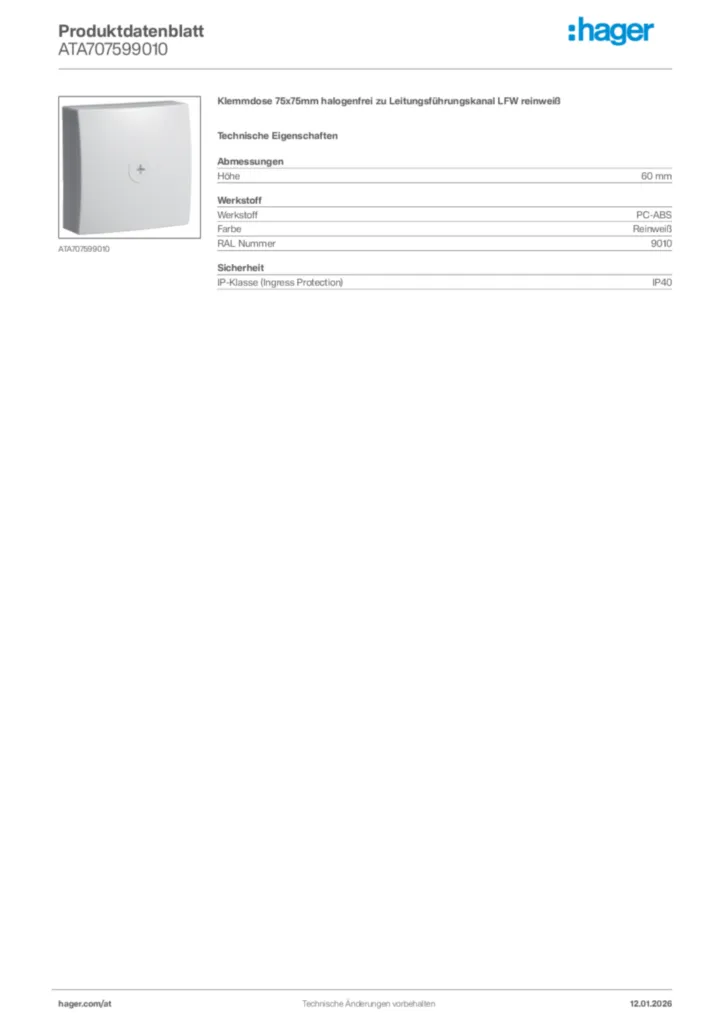 Bild Hager Produktdatenblatt ATA707599010 | Hager Deutschland