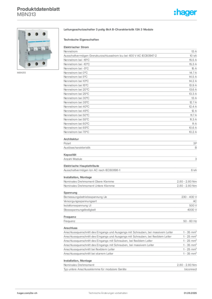 Bild Hager Produktdatenblatt MBN313 | Hager Schweiz