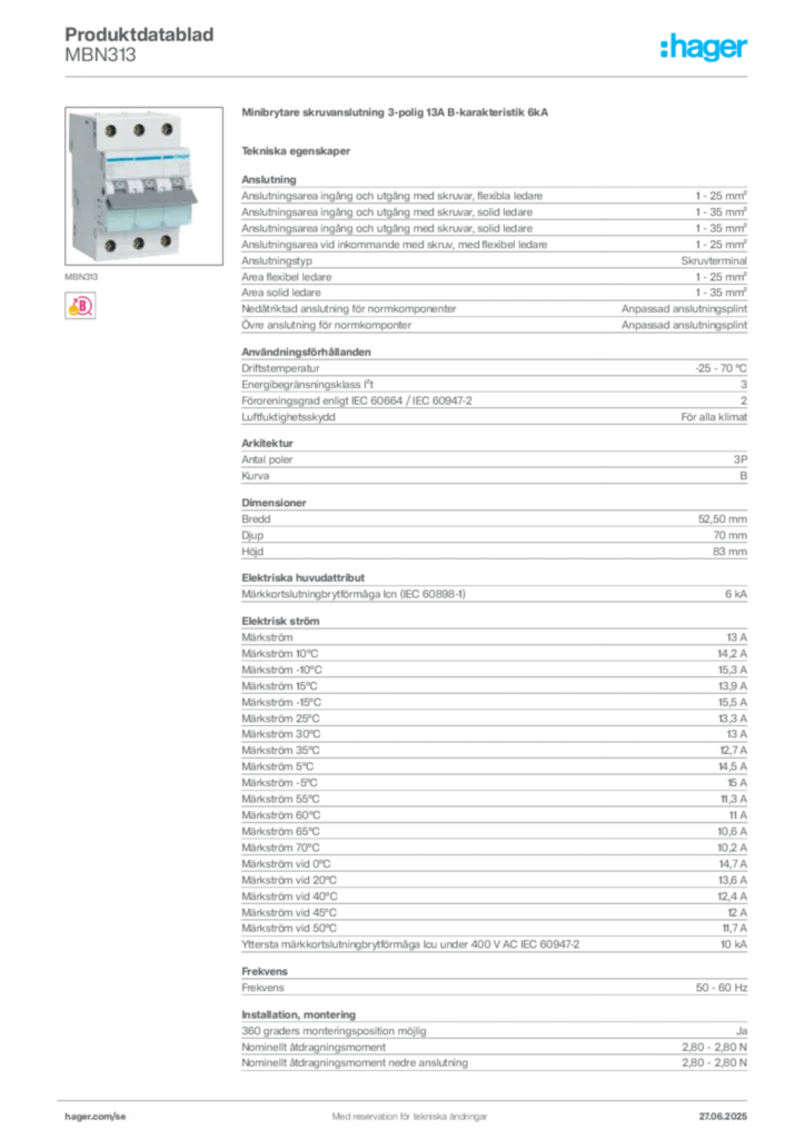Bild Hager Produktdatablad MBN313 | Hager Sverige