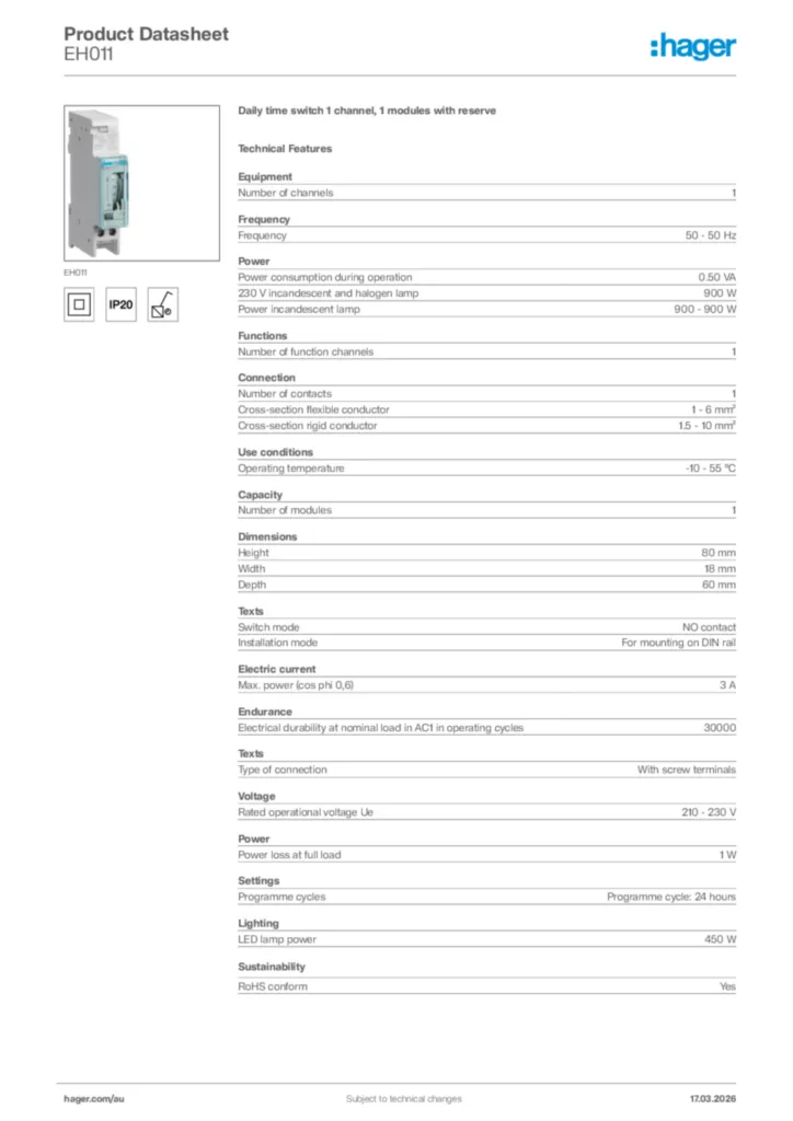 Image Hager Product data sheet EH011  | Hager Australia