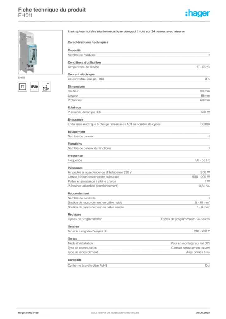 Image Hager Fiche technique du produit EH011 | Hager Belgique