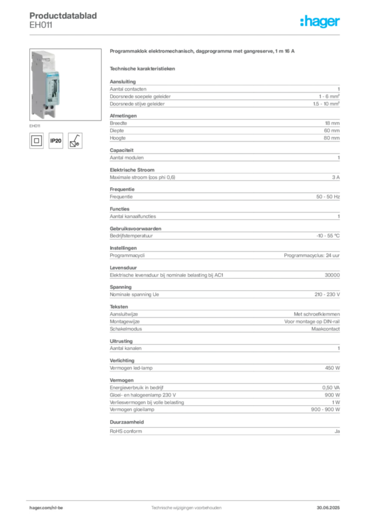 Afbeelding Hager Productdatablad EH011 | Hager Belgium