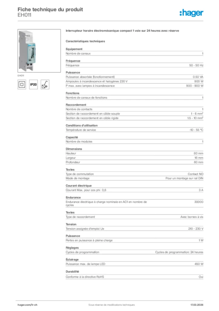 Image Hager Fiche technique du produit EH011 | Hager Suisse