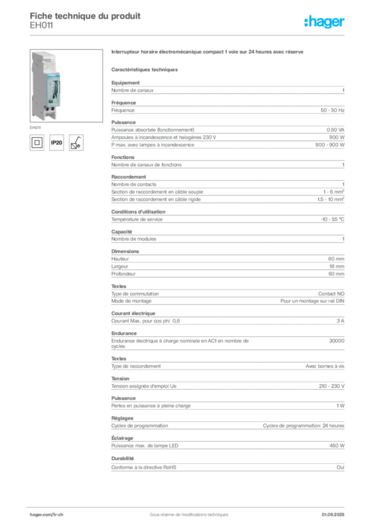 Image Hager Fiche technique du produit EH011 | Hager Suisse