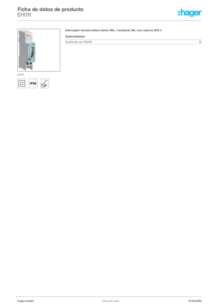 Imagen Hager Ficha de datos de producto EH011 | Hager España