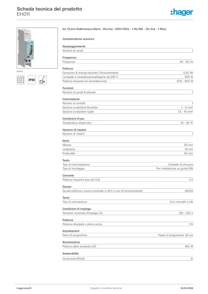 Immagine Hager Scheda tecnica del prodotto EH011 | Hager Italia