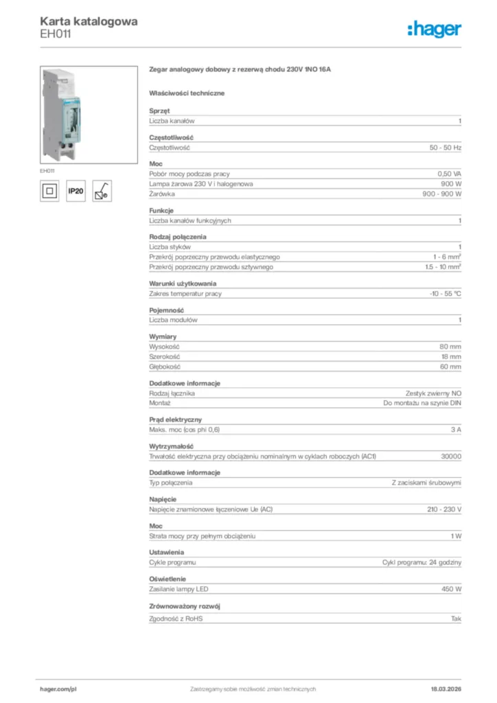 Zdjęcie Hager Karta katalogowa EH011 | Hager Polska