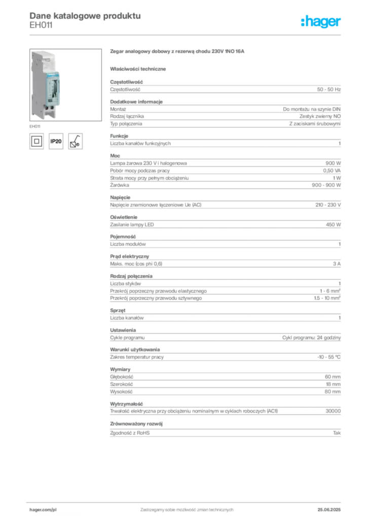 Zdjęcie Hager Dane katalogowe produktu EH011 | Hager Polska