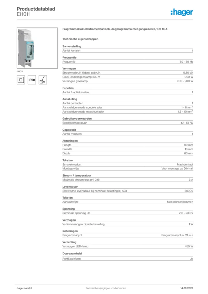 Afbeelding Hager Productdatablad EH011 | Hager Nederland