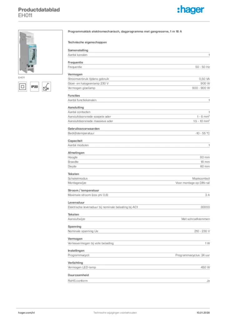 Afbeelding Hager Productdatablad EH011 | Hager Nederland