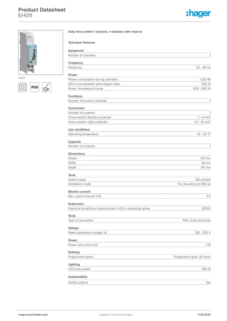 Image Hager Product data sheet EH011  | Hager