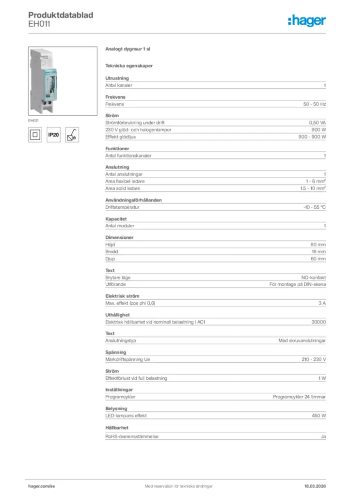Bild Hager Produktdatablad EH011 | Hager Sverige