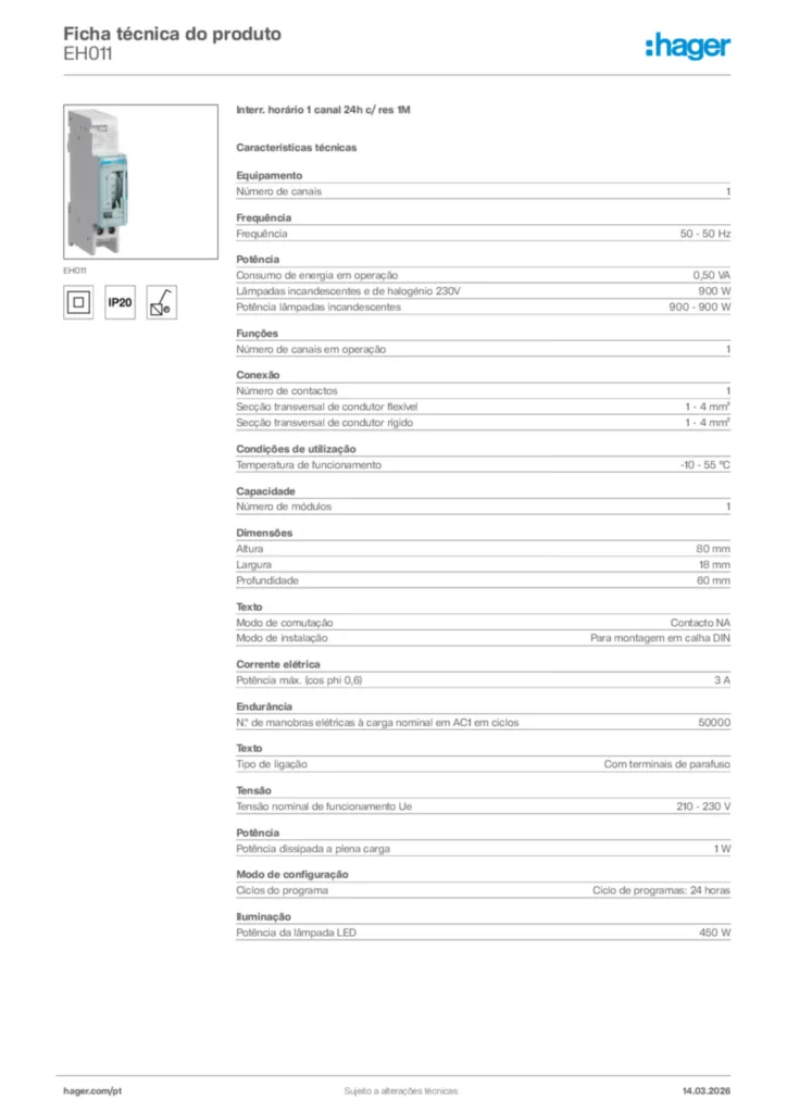 Imagem Hager Ficha técnica do produto EH011 | Hager Portugal