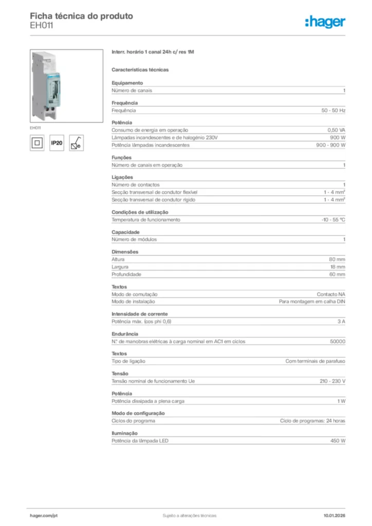Imagem Hager Ficha técnica do produto EH011 | Hager Portugal