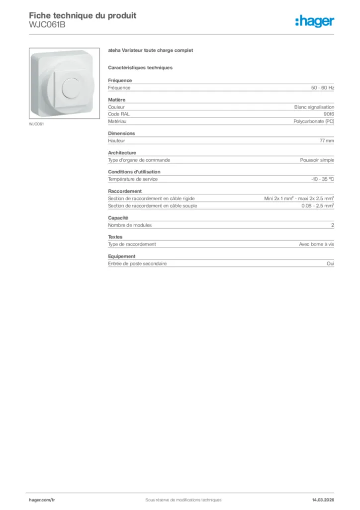 Image Hager Fiche technique du produit WJC061B | Hager France