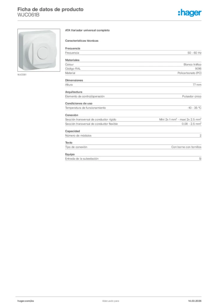 Imagen Hager Ficha de datos de producto WJC061B | Hager España