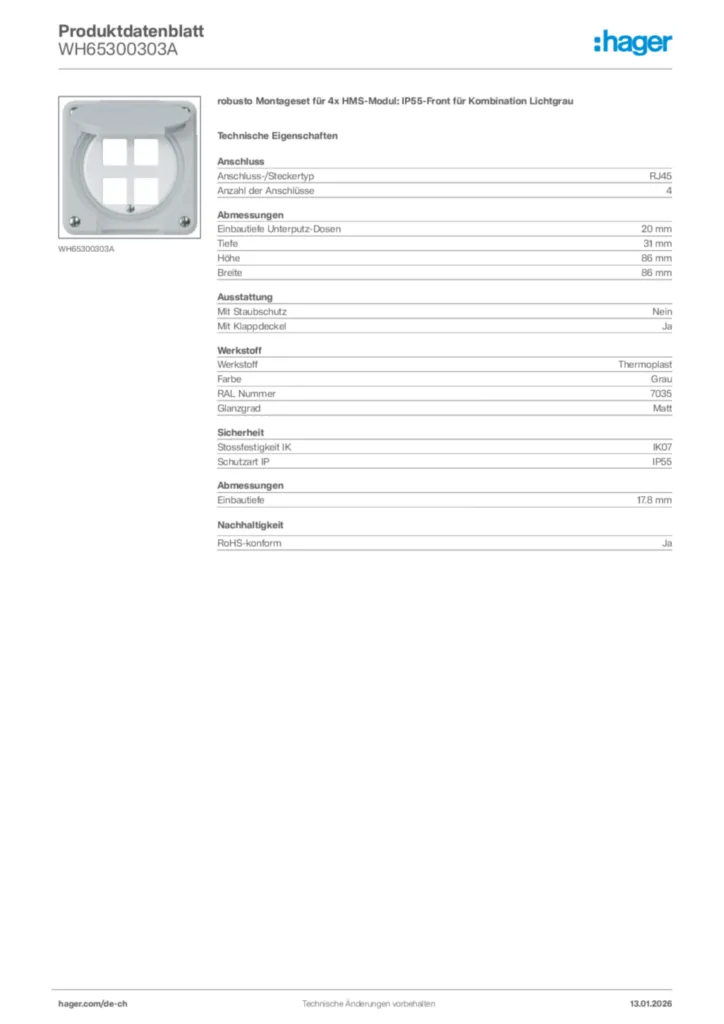 Bild Hager Produktdatenblatt WH65300303A | Hager Schweiz