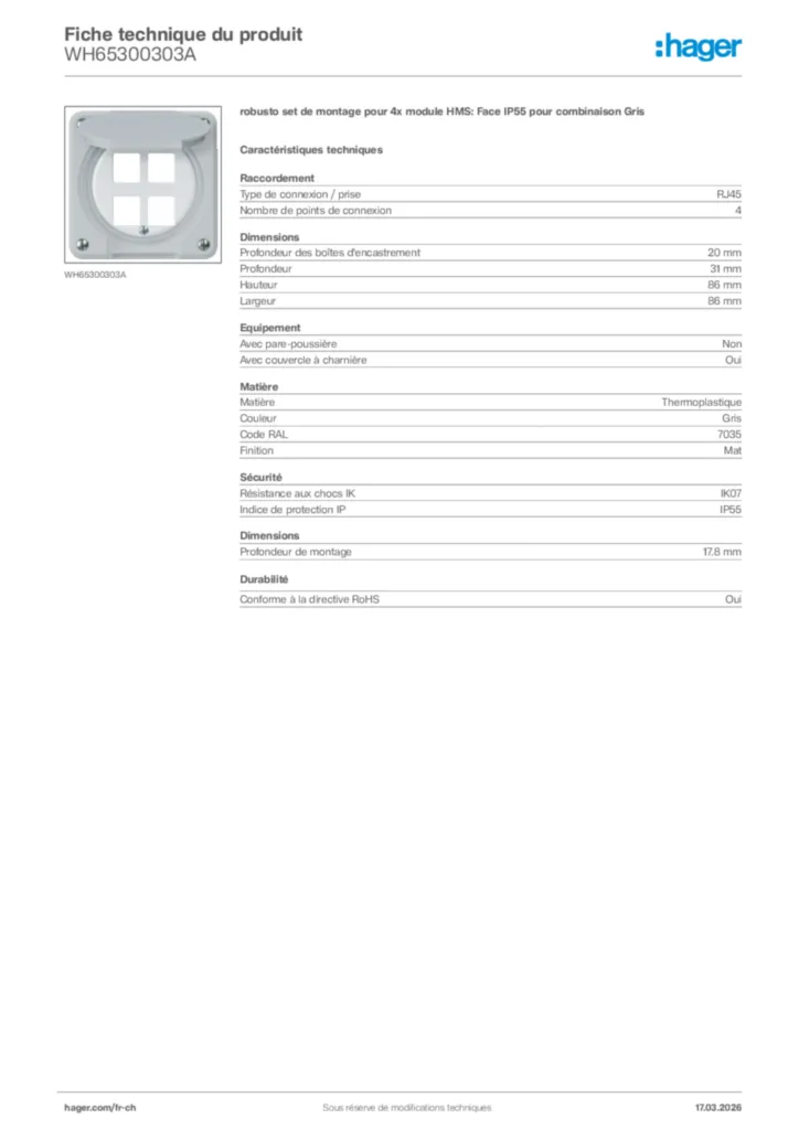 Image Hager Fiche technique du produit WH65300303A | Hager Suisse